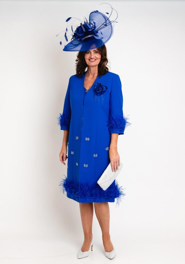 Ophelia Melita Boa Feather Trim Jacket & Dress Set- Iris Blue